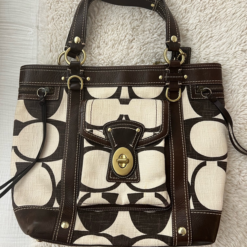Coach Brown and Cream Signature Tote Bag with Brown Leather and GOLD Hardware